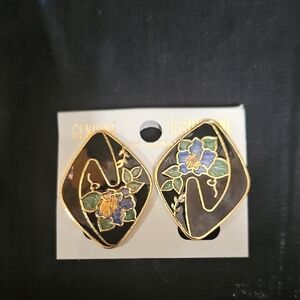 Elegant Gold and Black Cloisonne Floral Earrings MOC